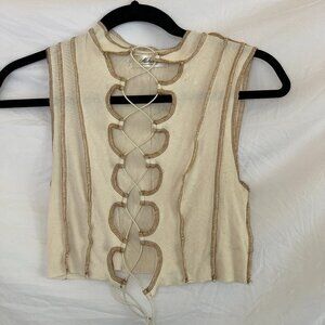 Mahina Cropped Top with Front Tie, Size Small, Cream Color